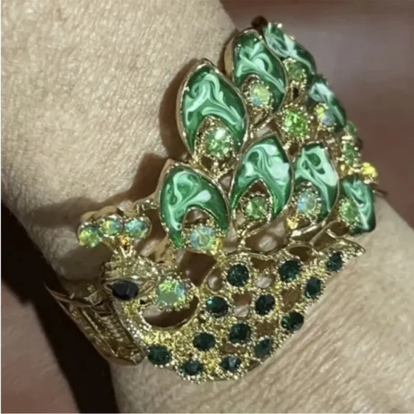 Gold Tone peacock enamel and crystal rhinestone cuff bracelet. HSN 2014 - Picture 1 of 2